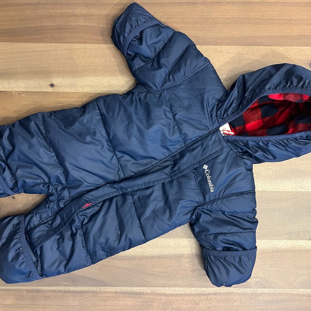 Columbia Navy Blue Puffer One-Piece Snowsuit with Red Plaid Lining